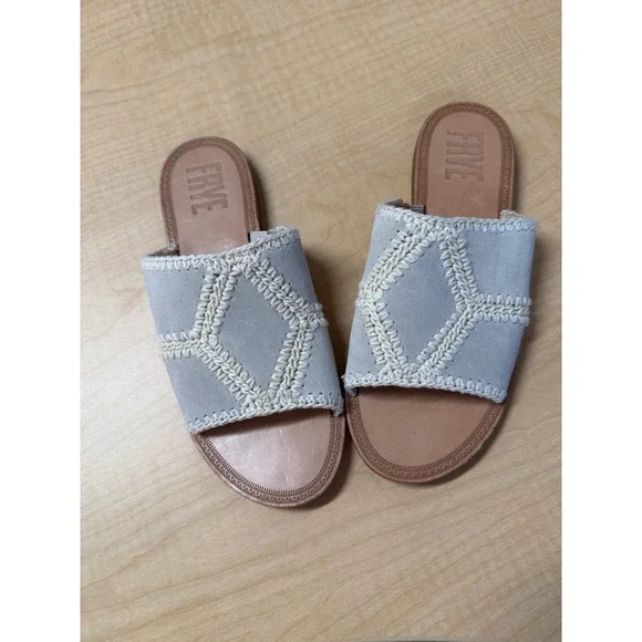 FRYE Women's Slip On Mules Sandals Slides Blue Cream Crochet Detail Size 7 - Picture 6 of 8